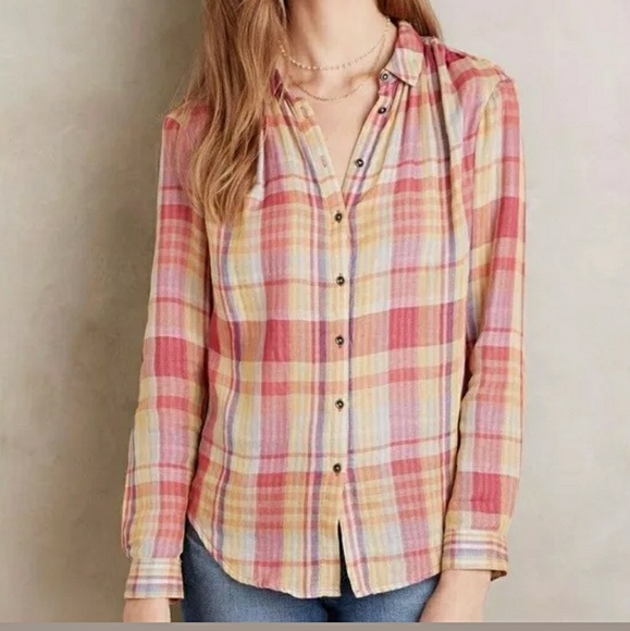 ANTHROPOLOGIE HOLDING HORSES PINK PLAID BLOUSE - Picture 1 of 6